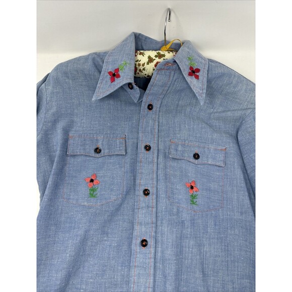 Vintage 60s/70s Hand Embroidered Chambray Shirt Palm Tree Sears Put-on Shop - Picture 7 of 14